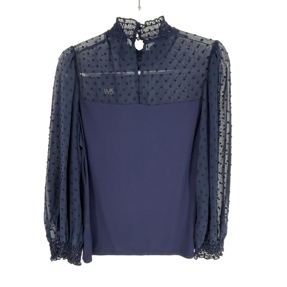W-5 Navy Blue Sheer Swiss Dot Mock Neck Long Sleeve Blouse M Office Teacher - Picture 2 of 9